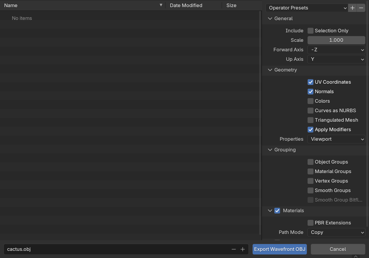 Blender 4.5 Export Wavefront OBJ dialog with the Materials panel enabled and Path Mode set to Copy