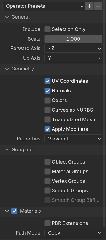 The OBJ export options column: Materials checked, PBR Extensions unchecked, Path Mode set to Copy