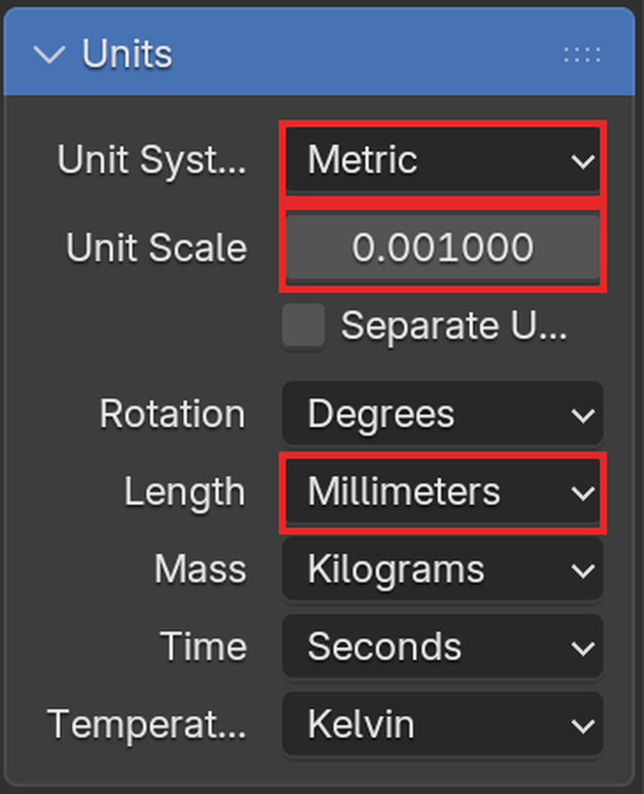 Blender Scene Units panel with Metric, Millimeters and Unit Scale 0.001