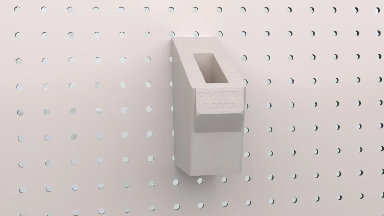 Render of the empty holder on pegboard, showing the rectangular slot in its slanted top and the CHANNEL LOCKS label on the front