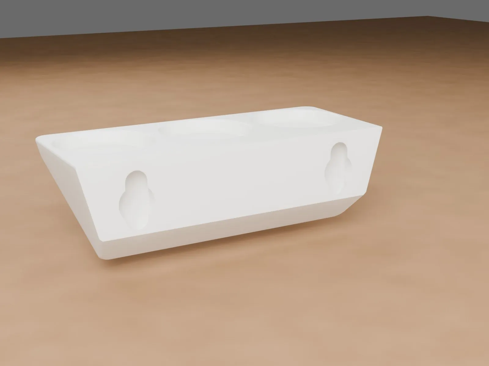 Render of the back of the rack, showing two keyhole slots near its ends and the 45 degree bevel along its bottom edge