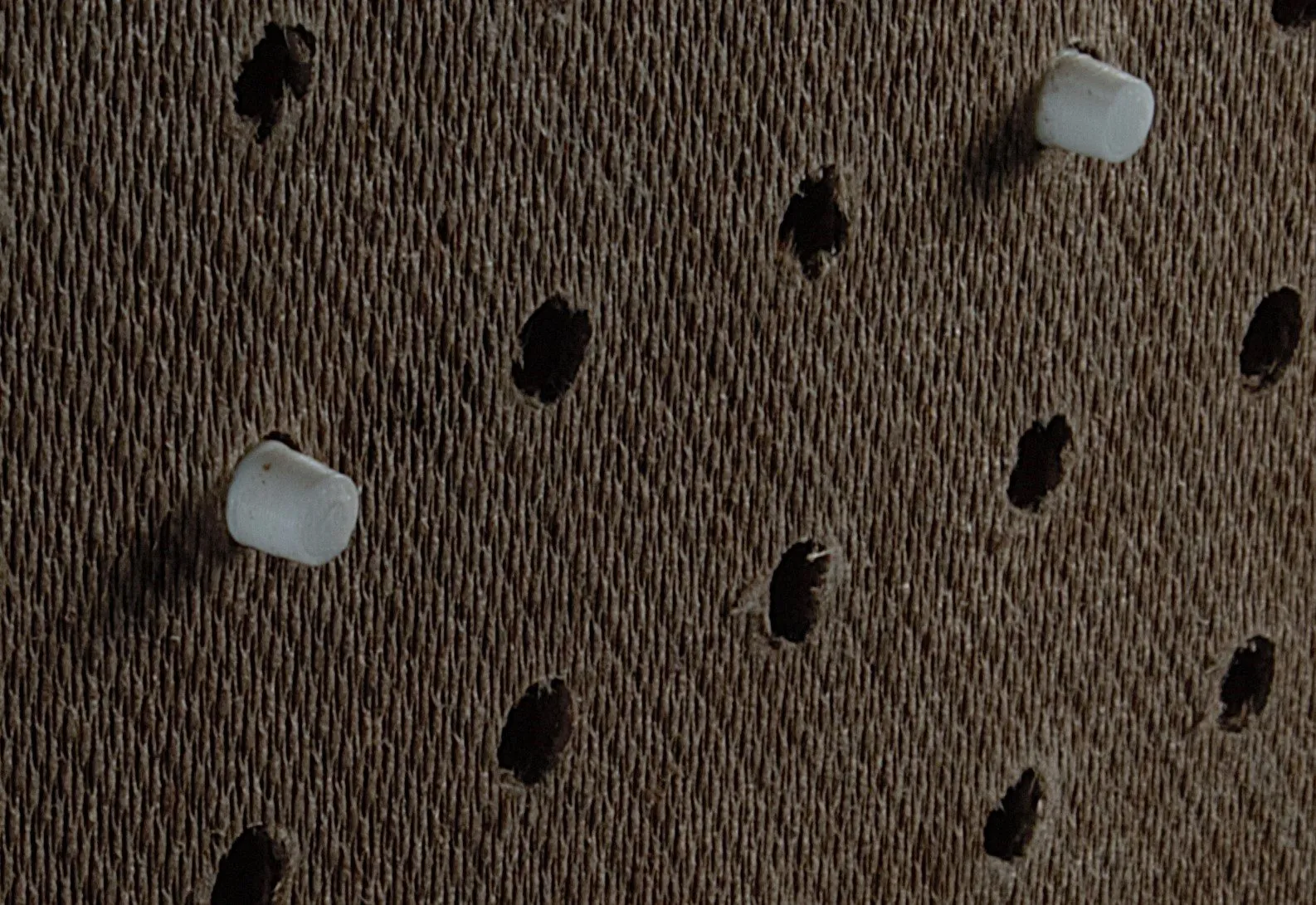 The back of a brown hardboard pegboard with the tapered tips of two printed screws poking through the holes