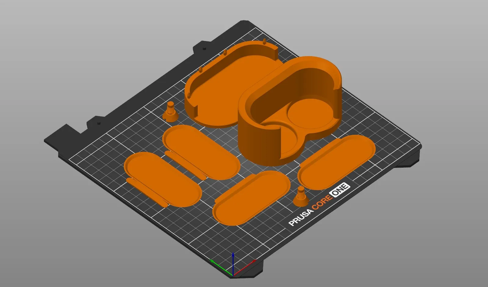 PrusaSlicer plate for the Prusa CORE One with the top piece standing upright, the bottom piece lying flat with four snap pins on its back wall, four mixing trays lying flat and two screws standing on their heads