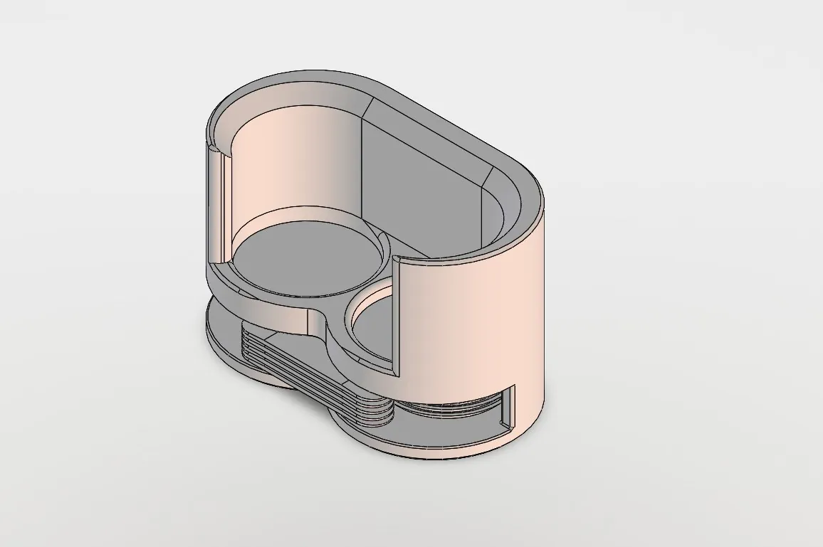 SolidWorks model of the rack as one part, showing the two bottle pockets with recesses in the floor, the open front, and the stack of trays in the slot underneath
