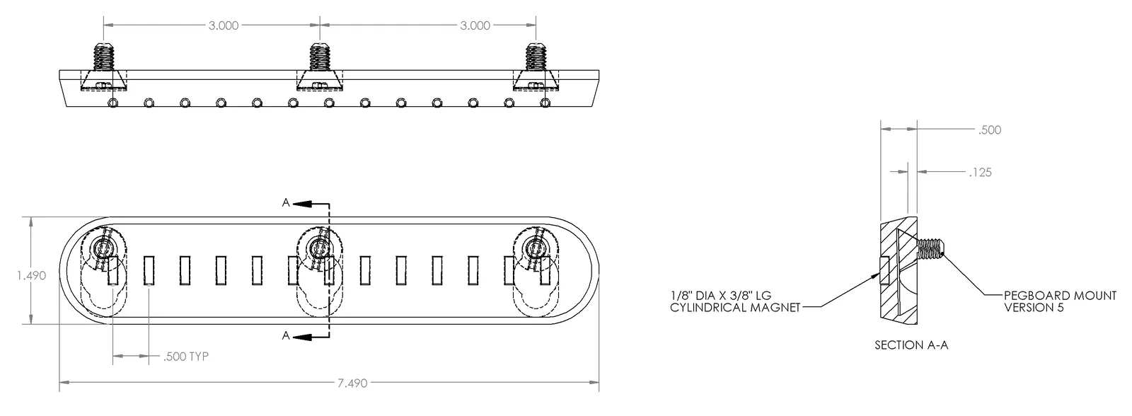 SolidWorks drawing of the bar: 7.490 in. long and 1.490 in. tall, magnets on .500 in. spacing, screws 3.000 in. apart, and a section showing a magnet in its slot and the screw head in the keyhole pocket
