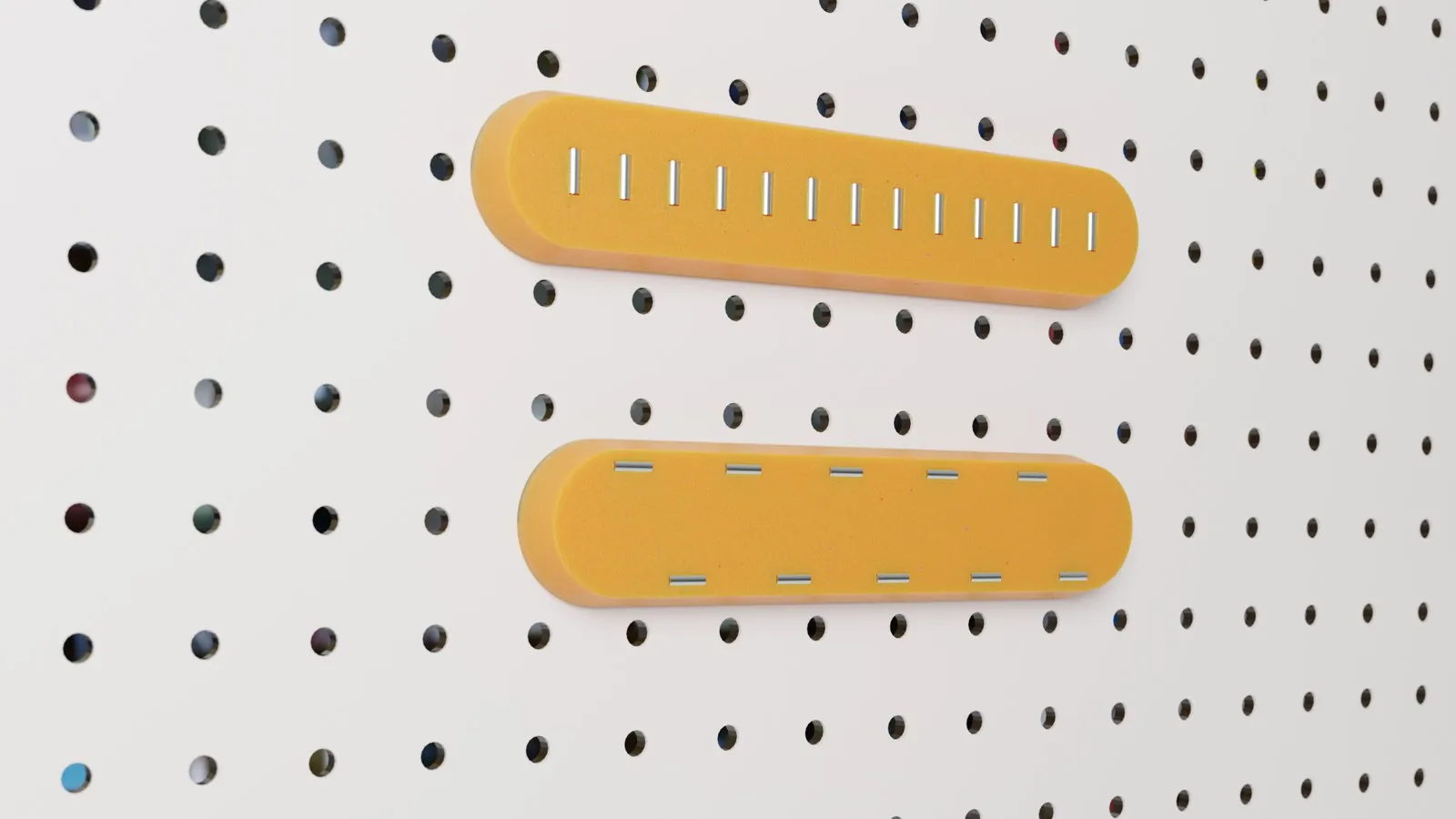 Render of both bars in orange on white pegboard: the first bar on top with 13 vertical magnets in a row, and the second bar below it with 10 horizontal magnets in two staggered rows
