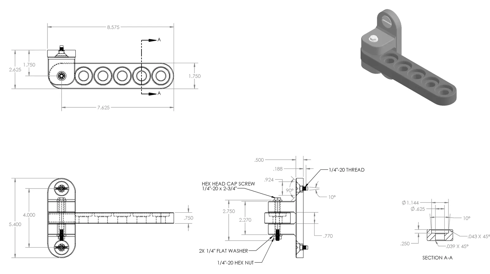 SolidWorks drawing of the arm and hinge mount: 8.575 in. long folded, 7.625 in. from hinge pin to tip, 5.400 in. tall mount with screws 4.000 in. apart, a side view of the 1/4-20 x 2-3/4 hex head cap screw, washers and nut through the knuckles, and a section of a counterbored hole