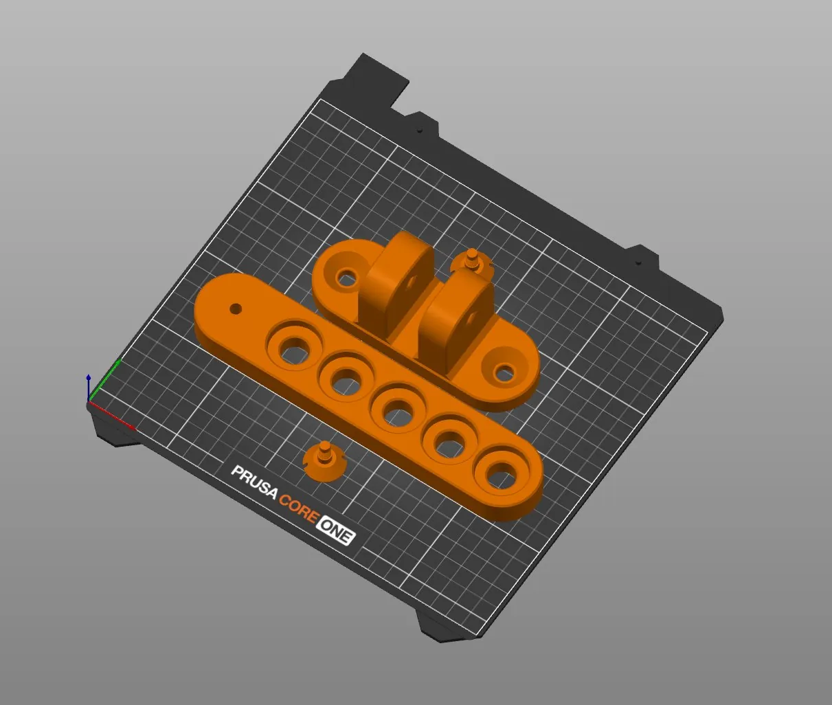 PrusaSlicer plate for the Prusa CORE One with the arm lying flat, the hinge mount on its back with both knuckles standing up, and two screws standing on their heads
