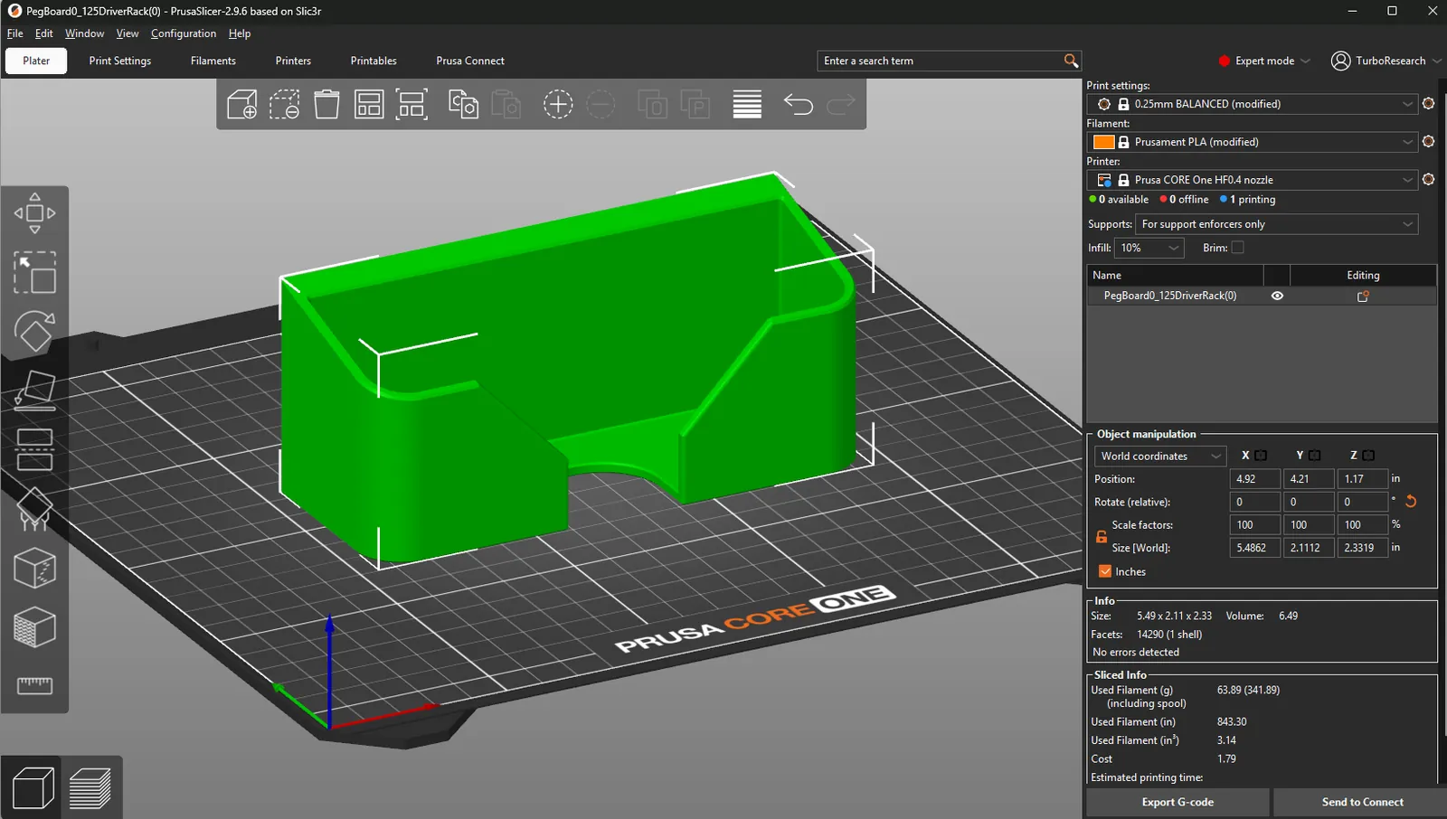 A pegboard driver rack from SolidWorks on the Prusa CORE One bed in PrusaSlicer 2.9.6, with Object manipulation set to inches and the size reading 5.49 by 2.11 by 2.33 in