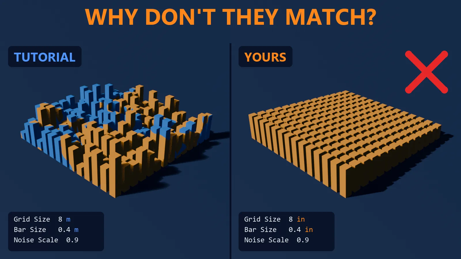 The same geometry nodes setup side by side: the tutorial's field in meters has bars of varied height and color, yours in inches is flat and one color, with Grid Size 8 and Bar Size 0.4 typed in both